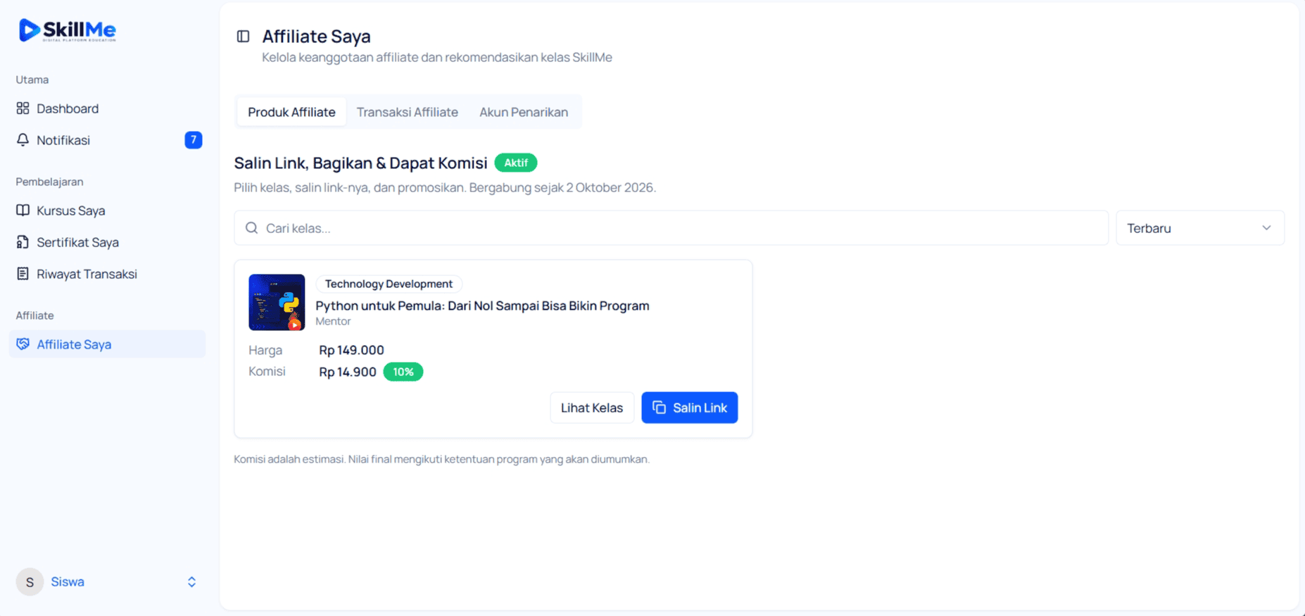 Salin link affiliate dan estimasi komisi
