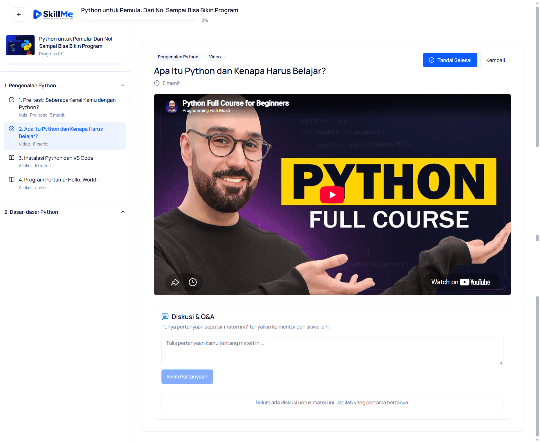 Halaman belajar dengan video materi dan diskusi