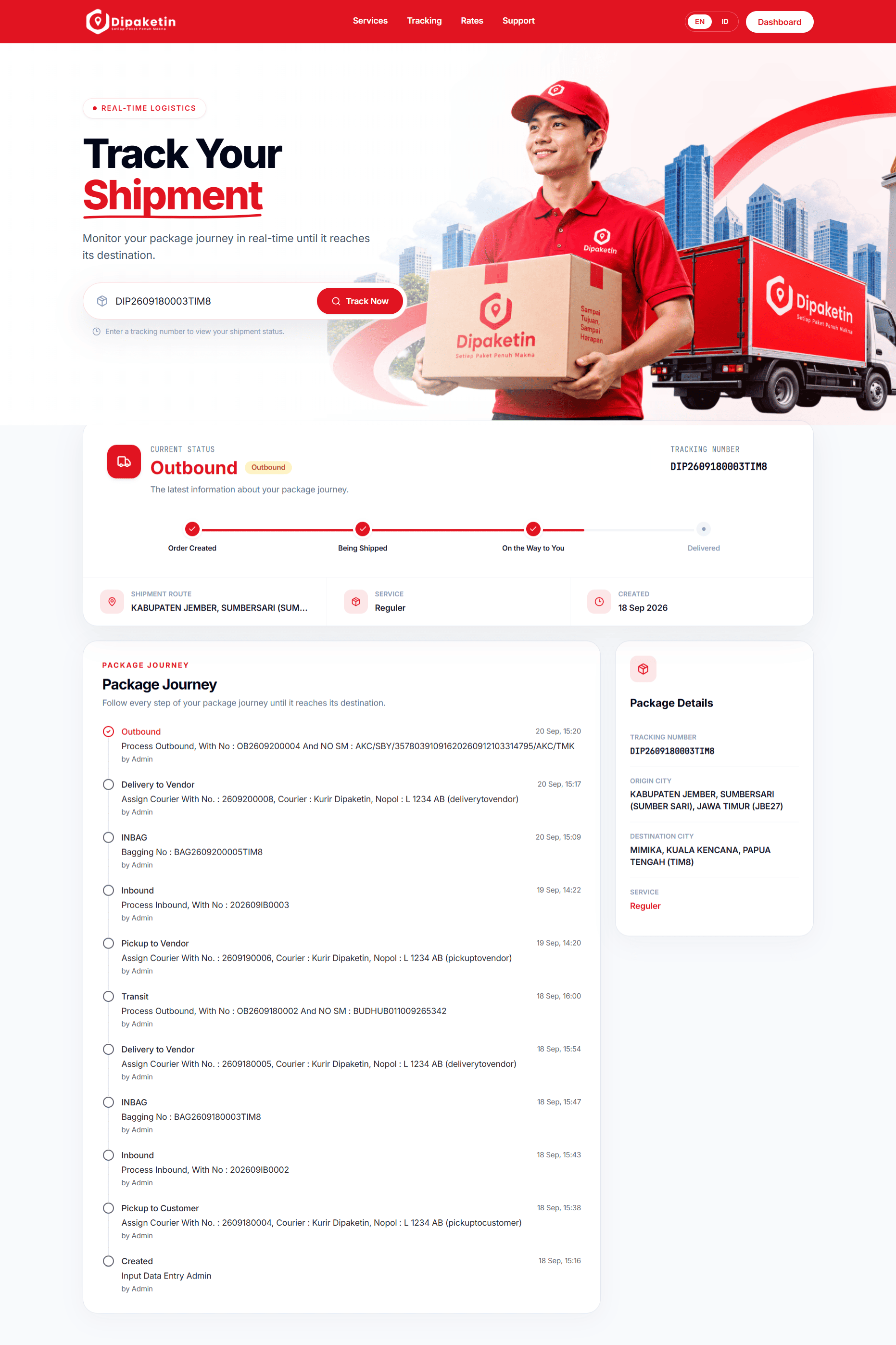 Halaman cek resi dengan riwayat perjalanan paket