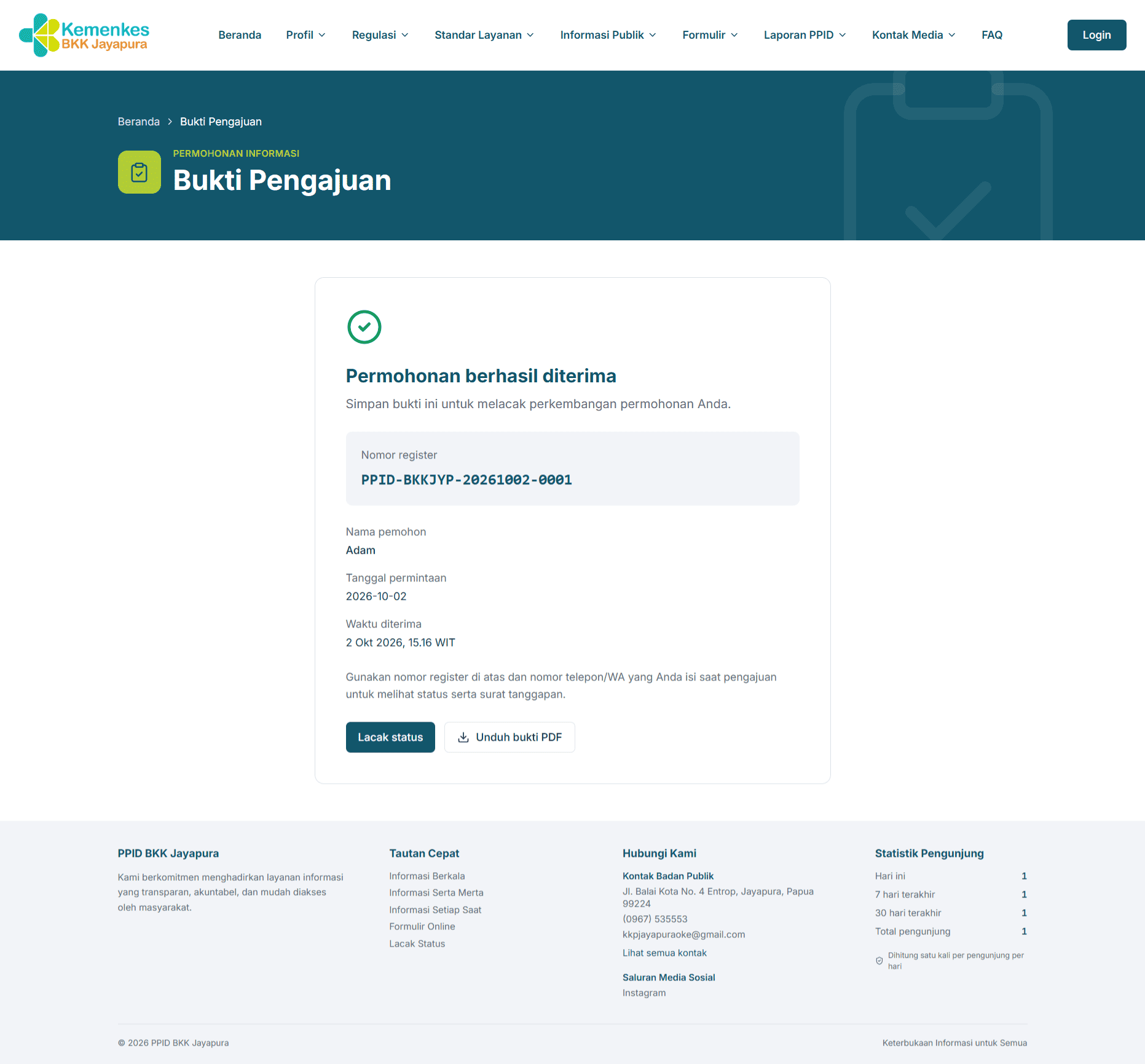 Bukti pengajuan dengan nomor register