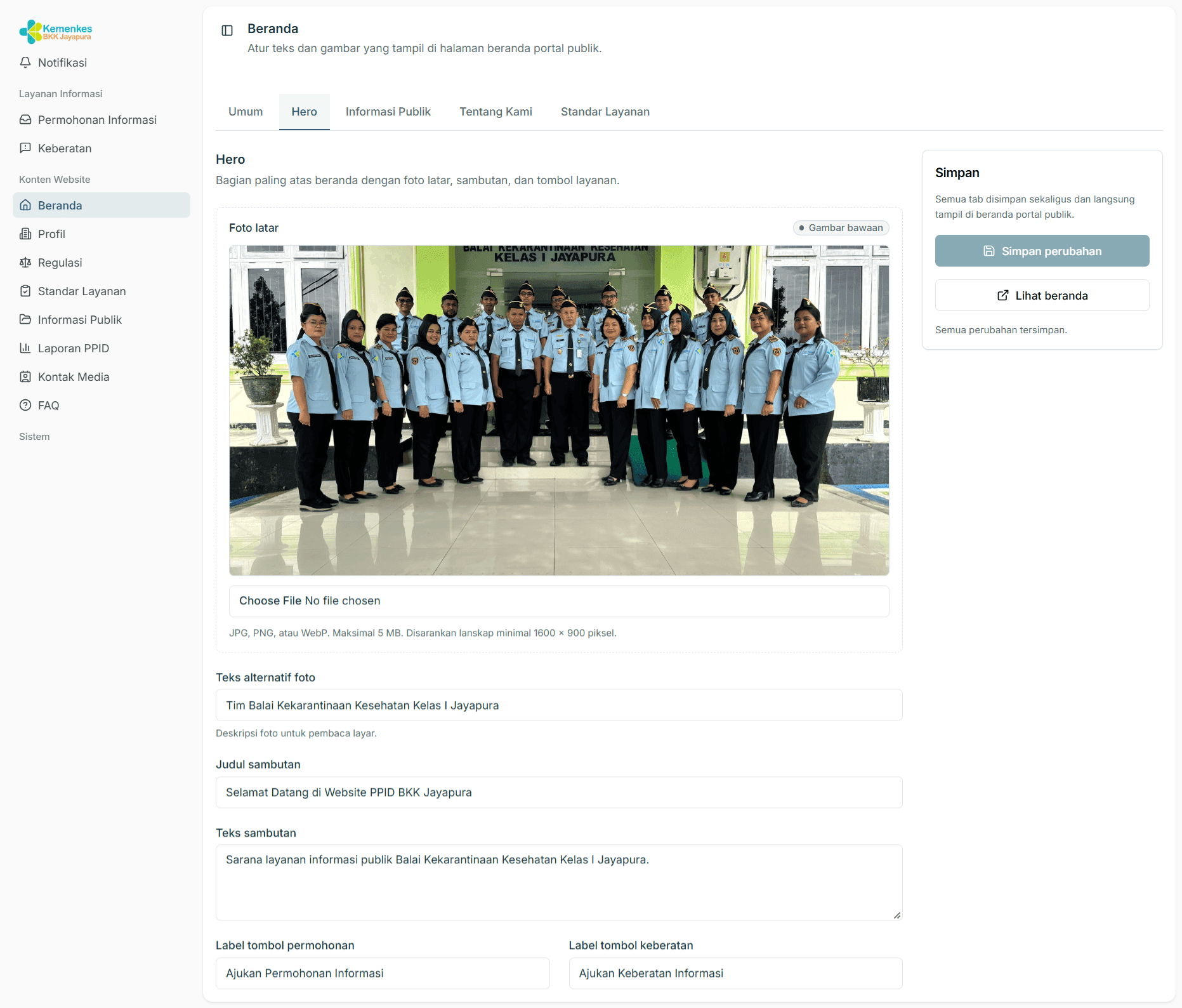 Pengaturan teks dan gambar beranda